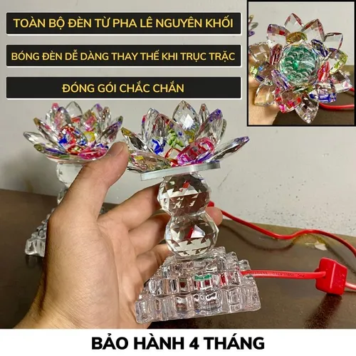 Bộ 2 Đèn Hoa Sen Pha Lê Đổi Màu 3 Chế Độ Sáng – Đèn Thờ Cúng Bàn Thờ Phật, Gia Tiên Cao Cấp