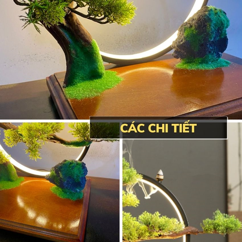 Bộ Tiểu Cảnh Bonsai Để Bàn Trang Trí Cao Cấp – Kệ Gỗ Đèn Led Hào Quang Đặt Tượng Phật Phong Thủy