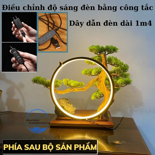 Bộ Tiểu Cảnh Bonsai Để Bàn Trang Trí Cao Cấp – Kệ Gỗ Đèn Led Hào Quang Đặt Tượng Phật Phong Thủy