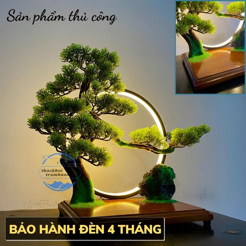 Bộ Tiểu Cảnh Bonsai Để Bàn Trang Trí Cao Cấp – Kệ Gỗ Đèn Led Hào Quang Đặt Tượng Phật Phong Thủy