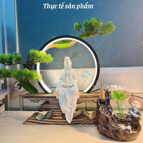 Bộ Kệ Đèn Led Bonsai Tượng Phật Quan Âm Trắng Cao Cấp – Đèn Trang Trí Phong Thủy Tặng Kèm Phụ Kiện