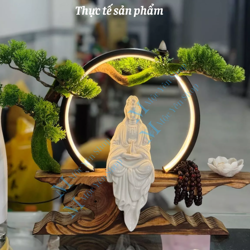 Bộ Kệ Đèn Led Bonsai Tượng Phật Quan Âm Trắng Cao Cấp – Đèn Trang Trí Phong Thủy Tặng Kèm Phụ Kiện
