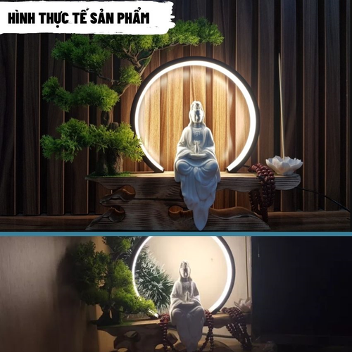 Bộ Kệ Đèn Led Bonsai Tượng Phật Quan Âm Trắng Cao Cấp – Đèn Trang Trí Phong Thủy Tặng Kèm Phụ Kiện