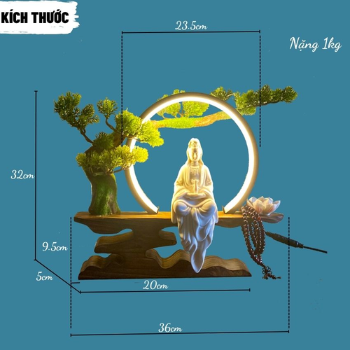 Bộ Kệ Đèn Led Bonsai Tượng Phật Quan Âm Trắng Cao Cấp – Đèn Trang Trí Phong Thủy Tặng Kèm Phụ Kiện