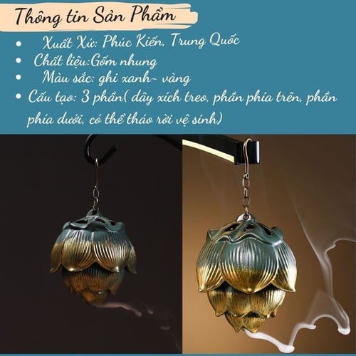 Bông Sen Sứ Treo Trang Trí Cao Cấp – Lư Xông Trầm Treo Ngược Tỏa Khói Cho Nụ Trầm, Nhang Vòng, Nhang Vân Mây