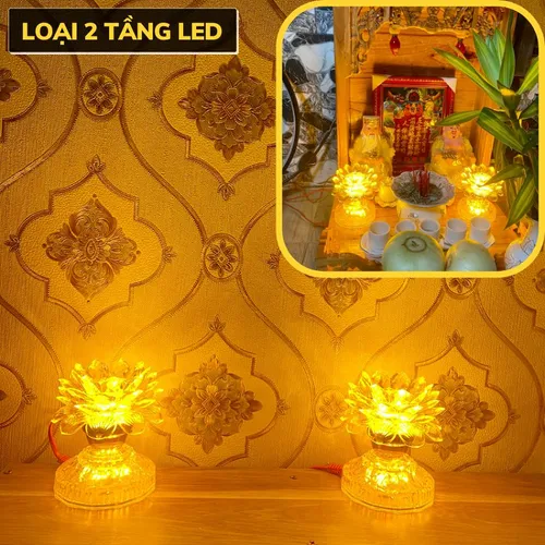 Bộ 2 Đèn Thờ Hoa Sen Màu Vàng – Đèn Thờ Cúng LED 2 hoặc 3 Tầng, Ánh Sáng Dịu Nhẹ Tiết Kiệm Điện