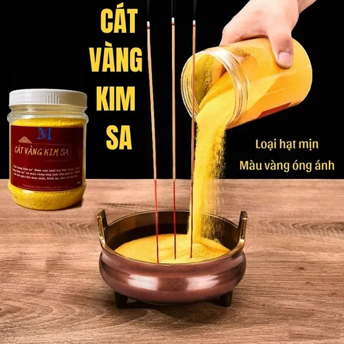 Cát vàng kim sa để lư hương – Cát vàng tro bàn thờ cúng hộp 1kg hạt mịn óng ánh