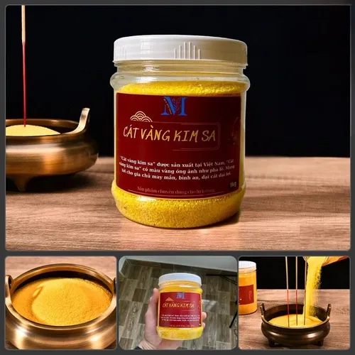 Cát vàng kim sa để lư hương – Cát vàng tro bàn thờ cúng hộp 1kg hạt mịn óng ánh