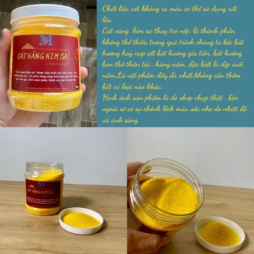 Cát vàng kim sa để lư hương – Cát vàng tro bàn thờ cúng hộp 1kg hạt mịn óng ánh