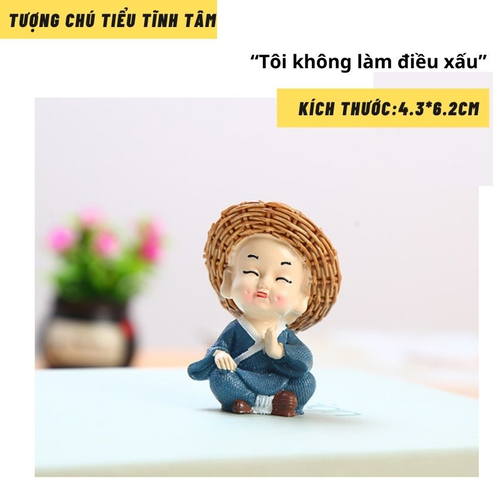 Bộ 4 Tượng Chú Tiểu Mini Ngộ Nghĩnh Đội Mũ Rơm