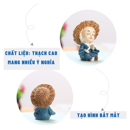 Bộ 4 Tượng Chú Tiểu Mini Ngộ Nghĩnh Đội Mũ Rơm