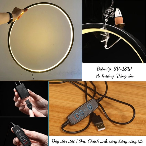 Vòng Đèn Hào Quang Khung Thép 60cm Đặt Tượng Phật – Đèn Led Vòng Tròn Trang Trí Bàn Thờ Cao Cấp (Tăng Giảm Độ Sáng)
