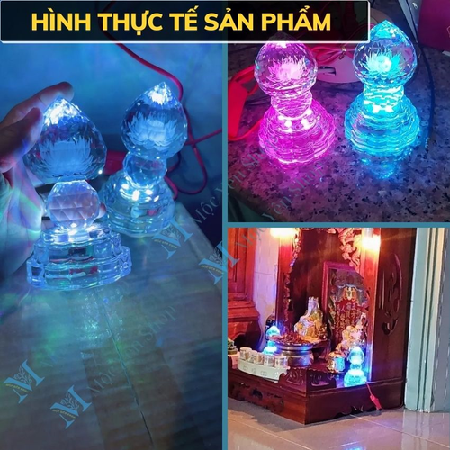 Cặp Đèn Thờ Pha Lê Trái Đào Sáng 7 Màu Cao Cấp