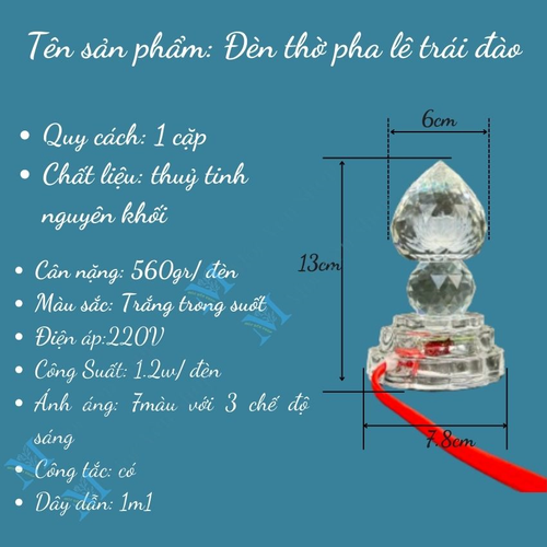 Cặp Đèn Thờ Pha Lê Trái Đào Sáng 7 Màu Cao Cấp