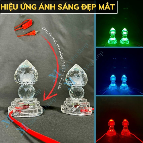 Cặp Đèn Thờ Pha Lê Trái Đào Sáng 7 Màu Cao Cấp