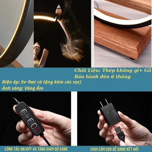 Thác khói trầm hương đèn Led hình bán nguyệt dùng đặt tượng 