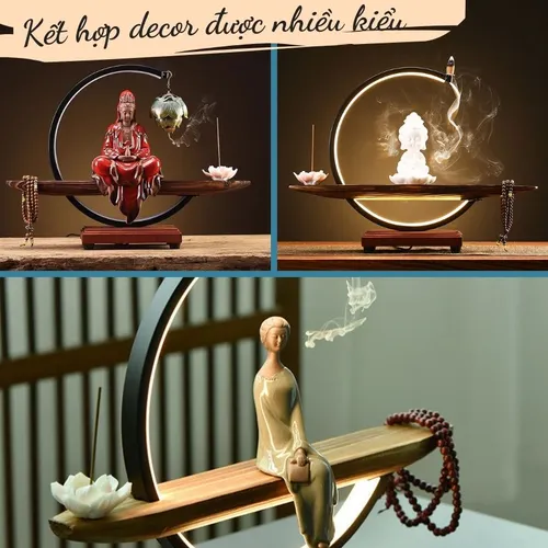 Thác khói trầm hương đèn Led hình bán nguyệt dùng đặt tượng 