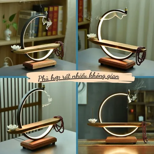 Thác khói trầm hương đèn Led hình bán nguyệt dùng đặt tượng 