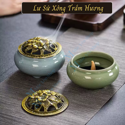 Lư Sứ Xông Trầm Hương Men Rạn Cao Cấp – Lư Đốt Trầm Nắp Đồng Họa Tiết Hoa Sen Trang Trí Bàn Trà, Thiền Định