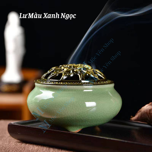 Lư Sứ Xông Trầm Hương Men Rạn Cao Cấp – Lư Đốt Trầm Nắp Đồng Họa Tiết Hoa Sen Trang Trí Bàn Trà, Thiền Định