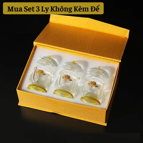 Bộ 3 Ly Nước Pha Lê Cúng Dường Hoa Sen Vàng Có Nắp – Sang Trọng, Thanh Tịnh, Phong Thủy May Mắn