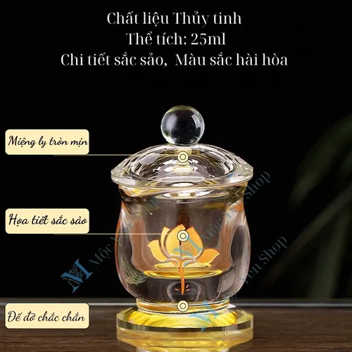 Bộ 3 Ly Nước Pha Lê Cúng Dường Hoa Sen Vàng Có Nắp – Sang Trọng, Thanh Tịnh, Phong Thủy May Mắn