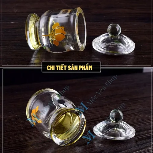 Bộ 3 Ly Nước Pha Lê Cúng Dường Hoa Sen Vàng Có Nắp – Sang Trọng, Thanh Tịnh, Phong Thủy May Mắn
