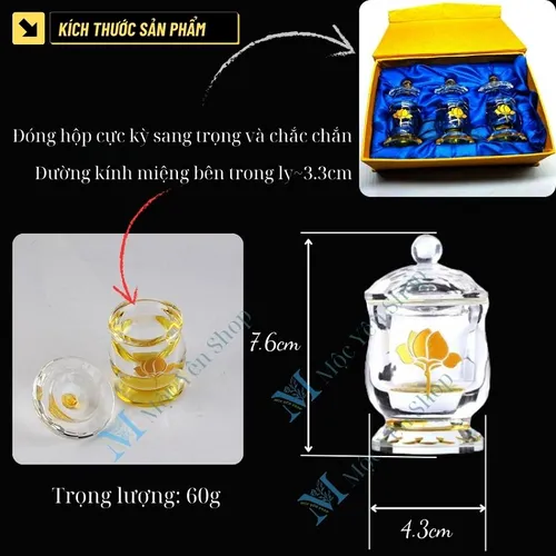 Bộ 3 Ly Nước Pha Lê Cúng Dường Hoa Sen Vàng Có Nắp – Sang Trọng, Thanh Tịnh, Phong Thủy May Mắn