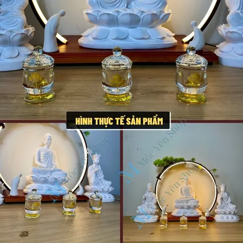 Bộ 3 Ly Nước Pha Lê Cúng Dường Hoa Sen Vàng Có Nắp – Sang Trọng, Thanh Tịnh, Phong Thủy May Mắn