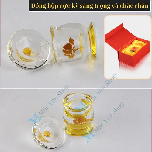 Bộ 3 Ly Nước Pha Lê Cúng Dường Hoa Sen Vàng Có Nắp – Sang Trọng, Thanh Tịnh, Phong Thủy May Mắn