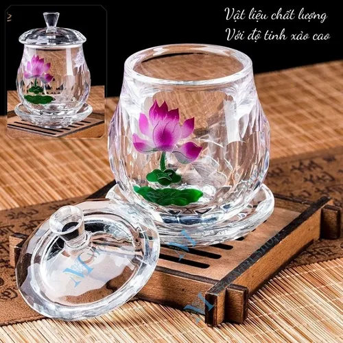 Ly Nước Pha Lê Cúng Dường Hoa Sen Tím Có Nắp – Sang Trọng, Thanh Tịnh, Cao Cấp