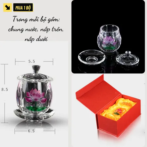 Ly Nước Pha Lê Cúng Dường Hoa Sen Tím Có Nắp – Sang Trọng, Thanh Tịnh, Cao Cấp