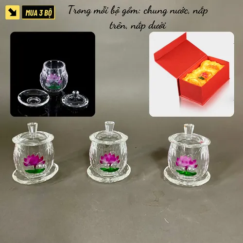 Ly Nước Pha Lê Cúng Dường Hoa Sen Tím Có Nắp – Sang Trọng, Thanh Tịnh, Cao Cấp