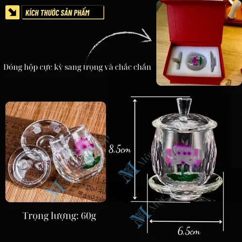 Ly Nước Pha Lê Cúng Dường Hoa Sen Tím Có Nắp – Sang Trọng, Thanh Tịnh, Cao Cấp