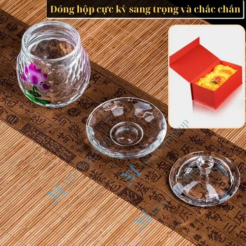Ly Nước Pha Lê Cúng Dường Hoa Sen Tím Có Nắp – Sang Trọng, Thanh Tịnh, Cao Cấp