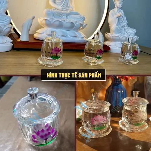 Ly Nước Pha Lê Cúng Dường Hoa Sen Tím Có Nắp – Sang Trọng, Thanh Tịnh, Cao Cấp