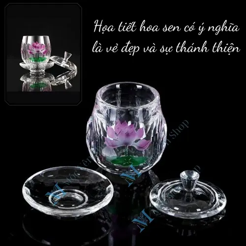 Ly Nước Pha Lê Cúng Dường Hoa Sen Tím Có Nắp – Sang Trọng, Thanh Tịnh, Cao Cấp