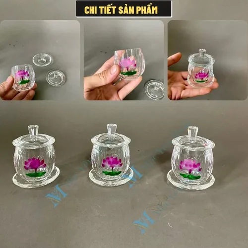 Ly Nước Pha Lê Cúng Dường Hoa Sen Tím Có Nắp – Sang Trọng, Thanh Tịnh, Cao Cấp