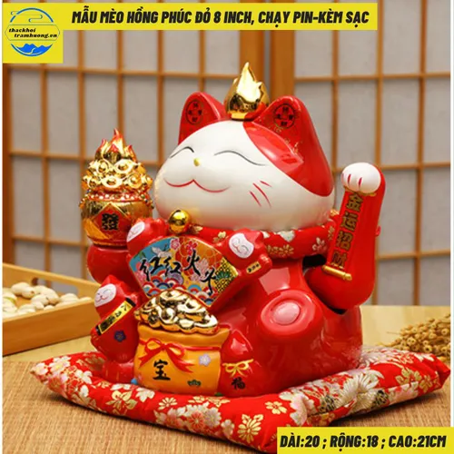Mèo thần tài Mẫu Mèo Hồng Phúc Đỏ Size 8inch( Dài 20, rộng 18, cao 21cm~ Nặng  2kg)~ Tặng phụ kiện