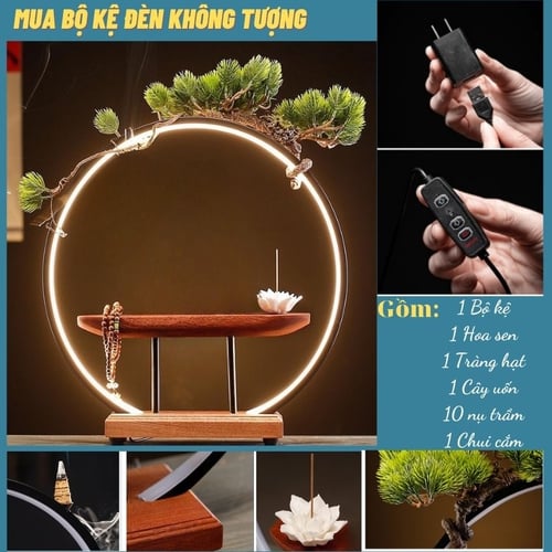 Bộ Kệ Đèn Đặt Tượng Kết Hợp Tượng Quan Âm Cao Cấp – Kệ Gỗ Đèn Led Hào Quang Tiểu Cảnh Tùng Bonsai Đốt Trầm