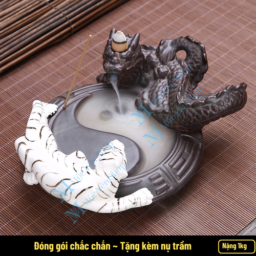 Thác Khói Trầm Hương Long Hổ Bát Quái Kèm Nụ Trầm – Đế Xông Trầm Phong Thủy Decor Bàn Trà