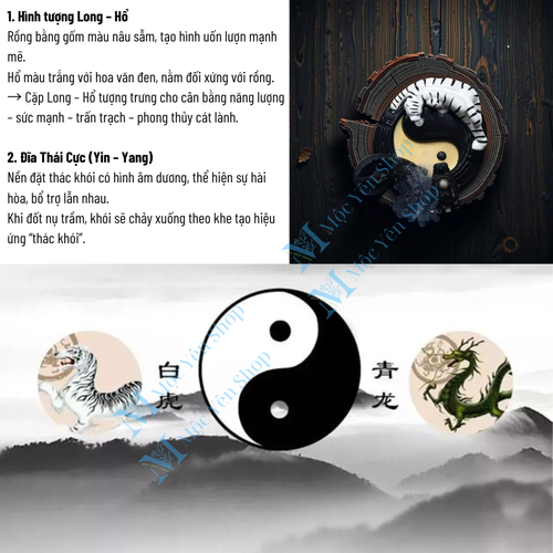 Thác Khói Trầm Hương Long Hổ Bát Quái Kèm Nụ Trầm – Đế Xông Trầm Phong Thủy Decor Bàn Trà