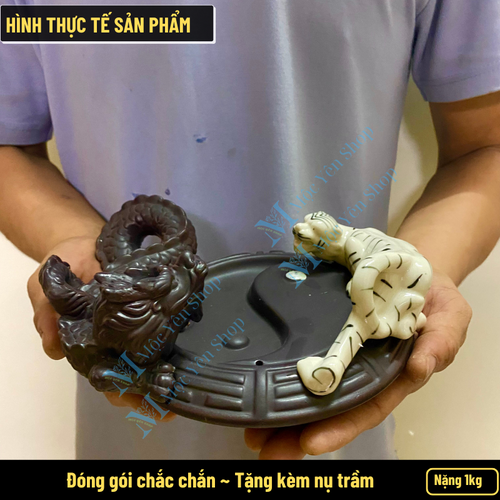 Thác Khói Trầm Hương Long Hổ Bát Quái Kèm Nụ Trầm – Đế Xông Trầm Phong Thủy Decor Bàn Trà