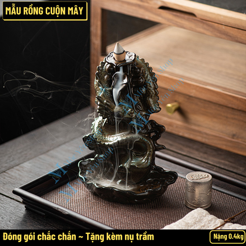 Thác Khói Trầm Hương Mẫu Rồng Nhả Khói Độc Đáo – Lư Đốt Trầm Nụ Hình Rồng Bằng Gốm Phong Thủy Chiêu Tài Đón Lộc (Tặng Kèm Nụ Trầm)