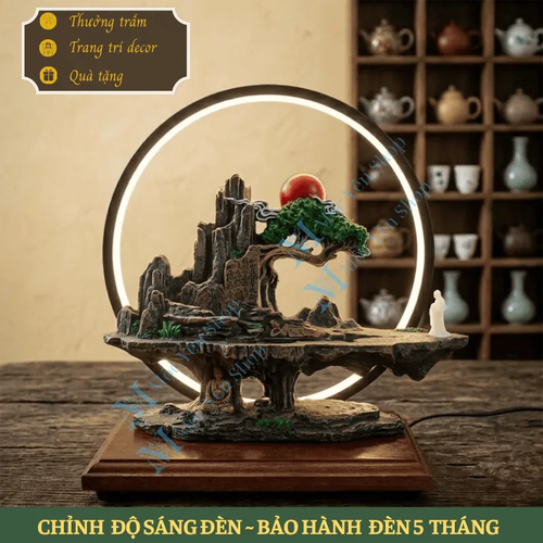 Thác Khói Trầm Hương Mẫu Tiểu Cảnh Sơn Thủy Kết Hợp Kệ Đèn 