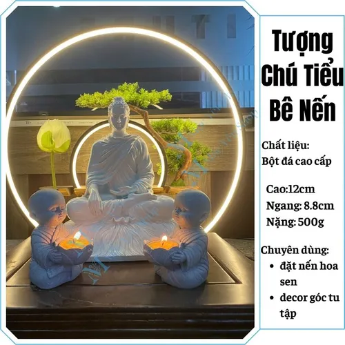 Tượng chú tiểu bê nến decor bàn thờ – Tượng đá dâng đèn hoa sen trang trí góc tu tập cao 12cm