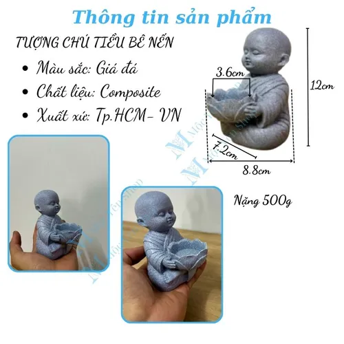 Tượng chú tiểu bê nến decor bàn thờ – Tượng đá dâng đèn hoa sen trang trí góc tu tập cao 12cm