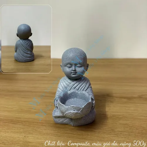 Tượng chú tiểu bê nến decor bàn thờ – Tượng đá dâng đèn hoa sen trang trí góc tu tập cao 12cm