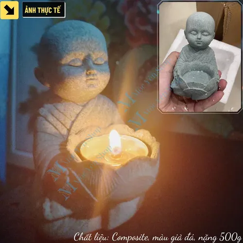 Tượng chú tiểu bê nến decor bàn thờ – Tượng đá dâng đèn hoa sen trang trí góc tu tập cao 12cm