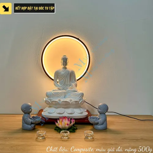 Tượng chú tiểu bê nến decor bàn thờ – Tượng đá dâng đèn hoa sen trang trí góc tu tập cao 12cm